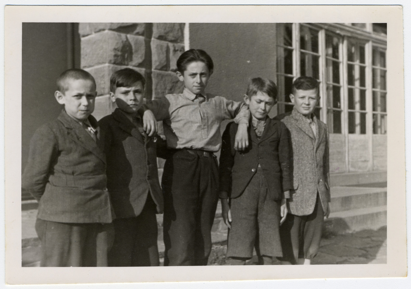 Portrait of young children in the Ziegenhain displaced persons' camp.

Pictured are Nachum Barvinski, Max Millen, Mischa Schneider, Felix Rickower, and Ruman Ichuda.