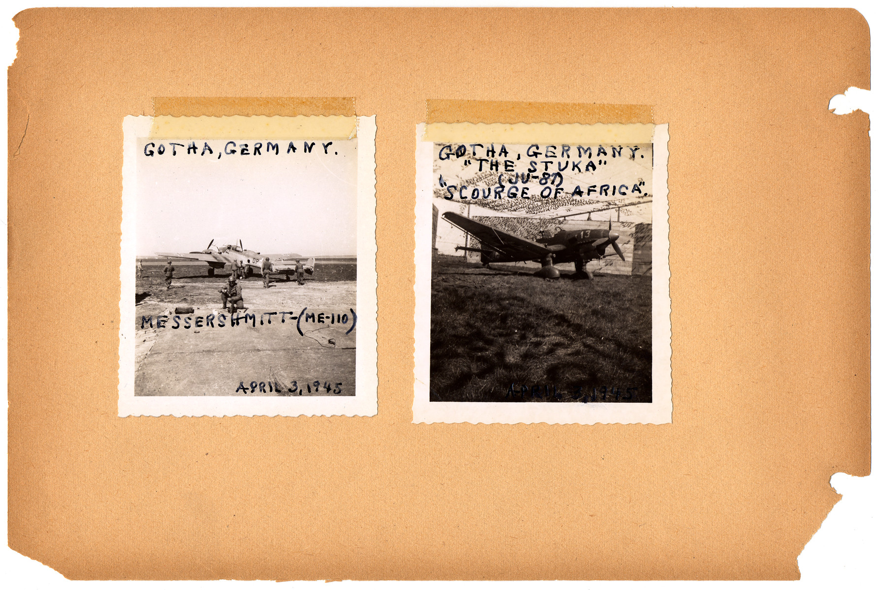 Annotated album page documenting the liberation of Ohrdruf concentration camp from the album of Henry Raymond Malenfant, 4th Armored Div, 84th Reconnaissance Battalion.