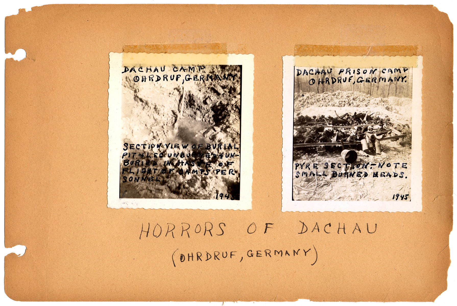 Annotated album page documenting the liberation of Ohrdruf concentration camp from the album of Henry Raymond Malenfant, 4th Armored Div, 84th Reconnaissance Battalion.

[Note: The annotation misidentifies the concentration camp as Dachau when in fact, Ohrdruf was part of the Buchenwald system.]