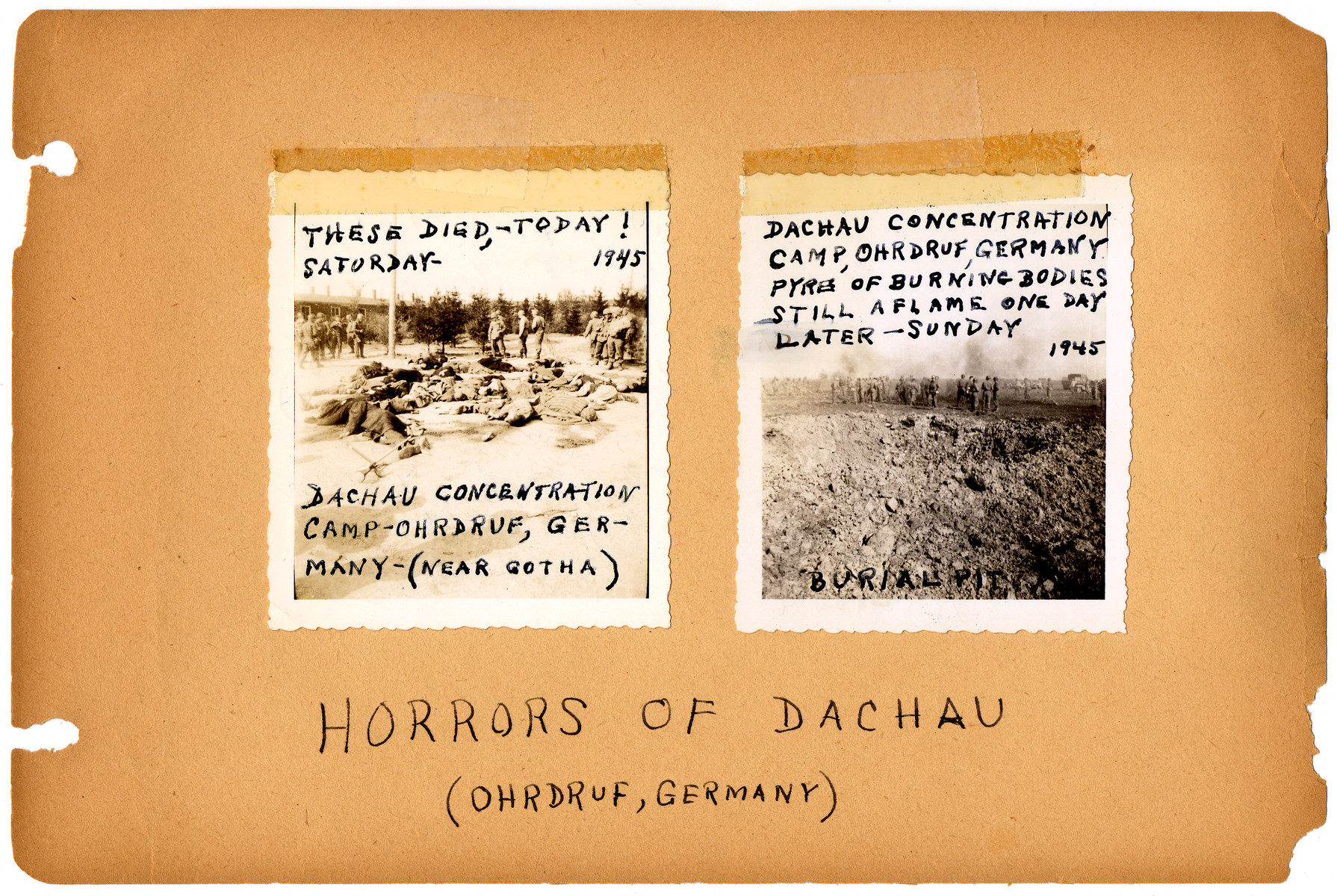 Annotated album page documenting the liberation of Ohrdruf concentration camp from the album of Henry Raymond Malenfant, 4th Armored Div, 84th Reconnaissance Battalion.

[Note: The annotation misidentifies the concentration camp as Dachau when in fact, Ohrdruf was part of the Buchenwald system.]