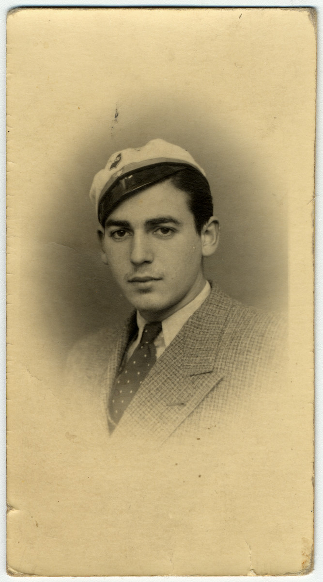 Portrait of Haim Vidal Sephiha in his school hat from the Gembloux agricultural school taken the year before was expelled for being Jewish. 

He had enrolled in the school hoping to receive the training to become an agronomist in Palestine.