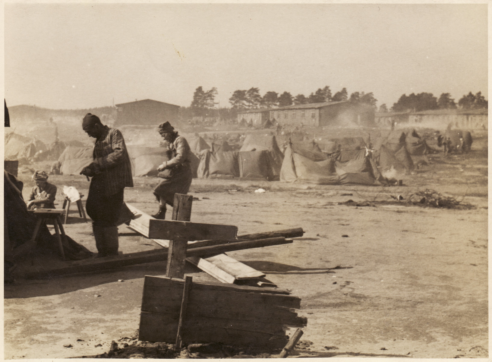 Survivors in a tent city set up at the Bergen-Belsen concentration camp.