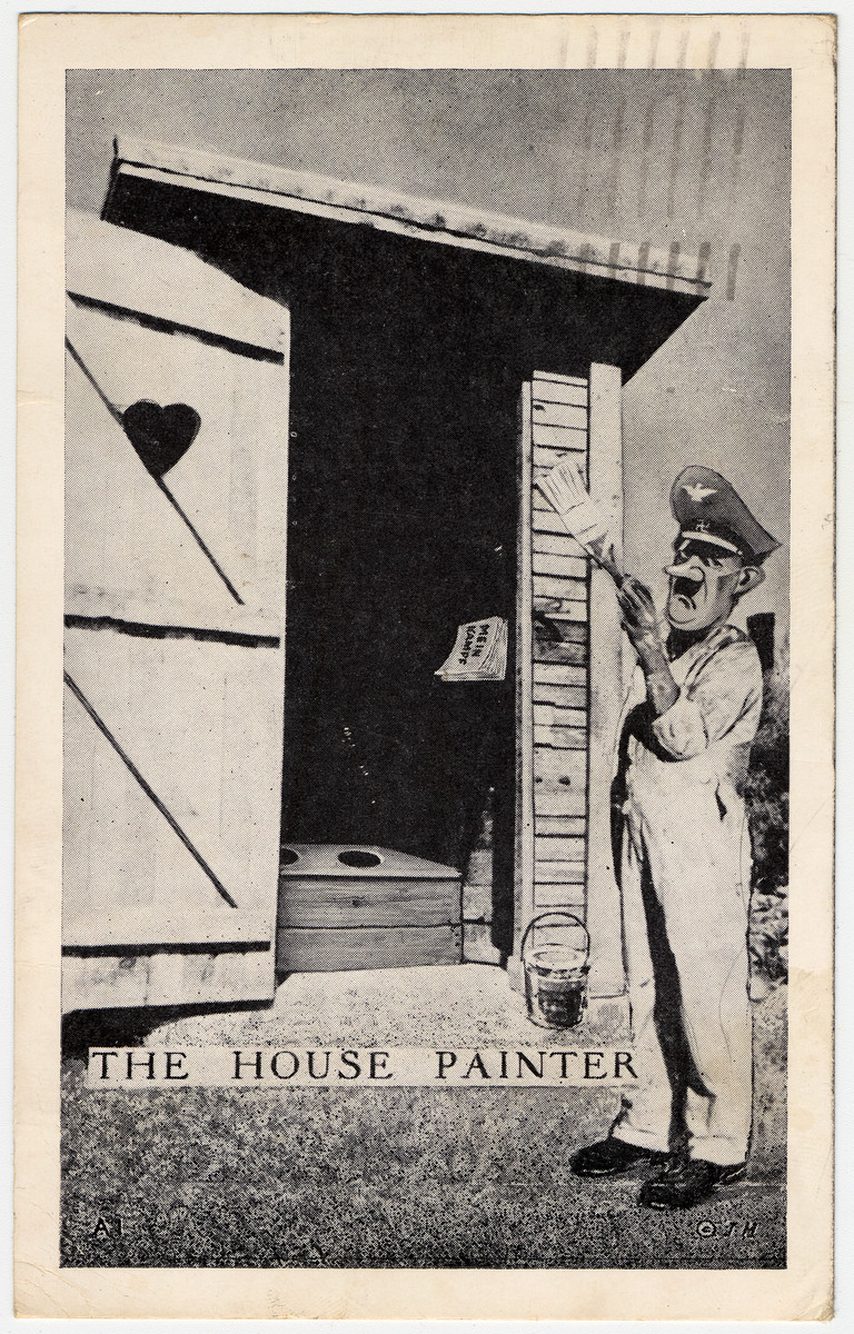 Postcard decorated with a caricature of Hitler painting an outhouse.

The postcard was sent from an American soldier from Fort Sill who writes: "Don't I wish this picture were true.  Maybe it will be some day."