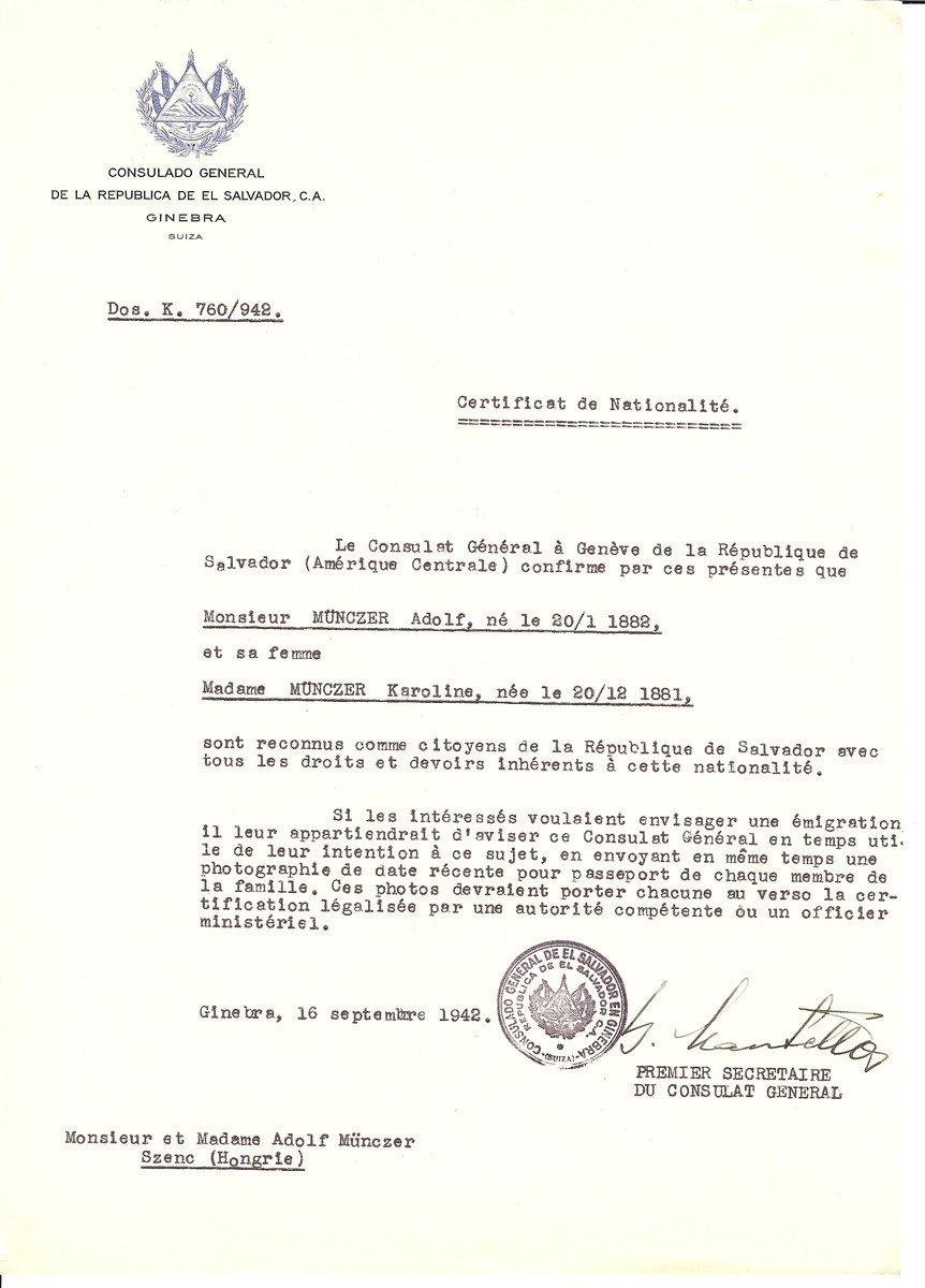 Unauthorized Salvadoran citizenship certificate issued to Adolf Munczer (b. January 20, 1882) and his wife Karoline Munczer (b. December 20, 1881) by George Mandel-Mantello, First Secretary of the Salvadoran Consulate in Switzerland and sent to their residence in Szenc.