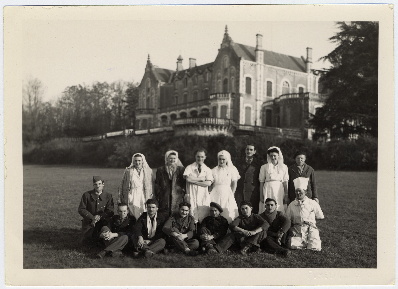 Nurses and doctors of the hospital Chateau du Boscla pose with injured French fighters after the Normandy landings.

Franklin Mendels, the brother of the donor (named after Franklin Roosevelt) was born in the same hospital while the family was in hiding nearby.

Pictured standing in the center is the director, Dr. Robert Boquet and his wife Genia Boquet.