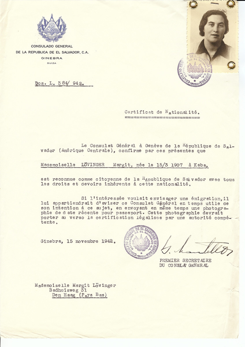 Unauthorized Salvadoran citizenship certificate issued to Margit Loevinger (b. March 15, 1907 in Kaba) by George Mandel-Mantello, First Secretary of the Salvadoran Consulate in Switzerland and sent to her residence in The Hague.