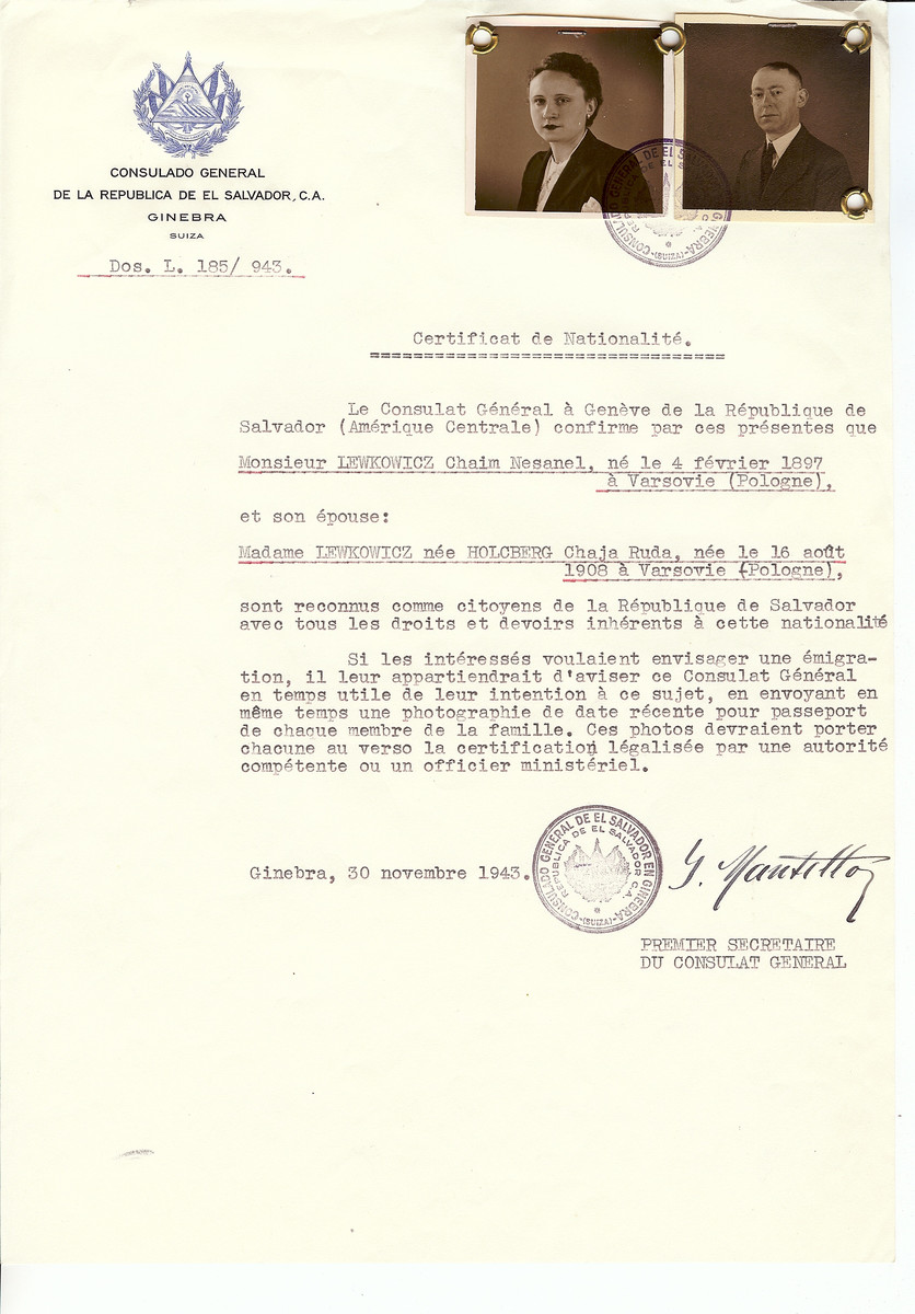 Unauthorized Salvadoran citizenship certificate issued to Chaim Nesanel Lewkowicz  (b. February 4, 1897 in Warsaw) and his wife Chaje Ruda (nee Holcberg) Lewkowicz (b. August 16, 1908 in Warsaw) by George Mandel-Mantello, First Secretary of the Salvadoran Consulate in Switzerland.