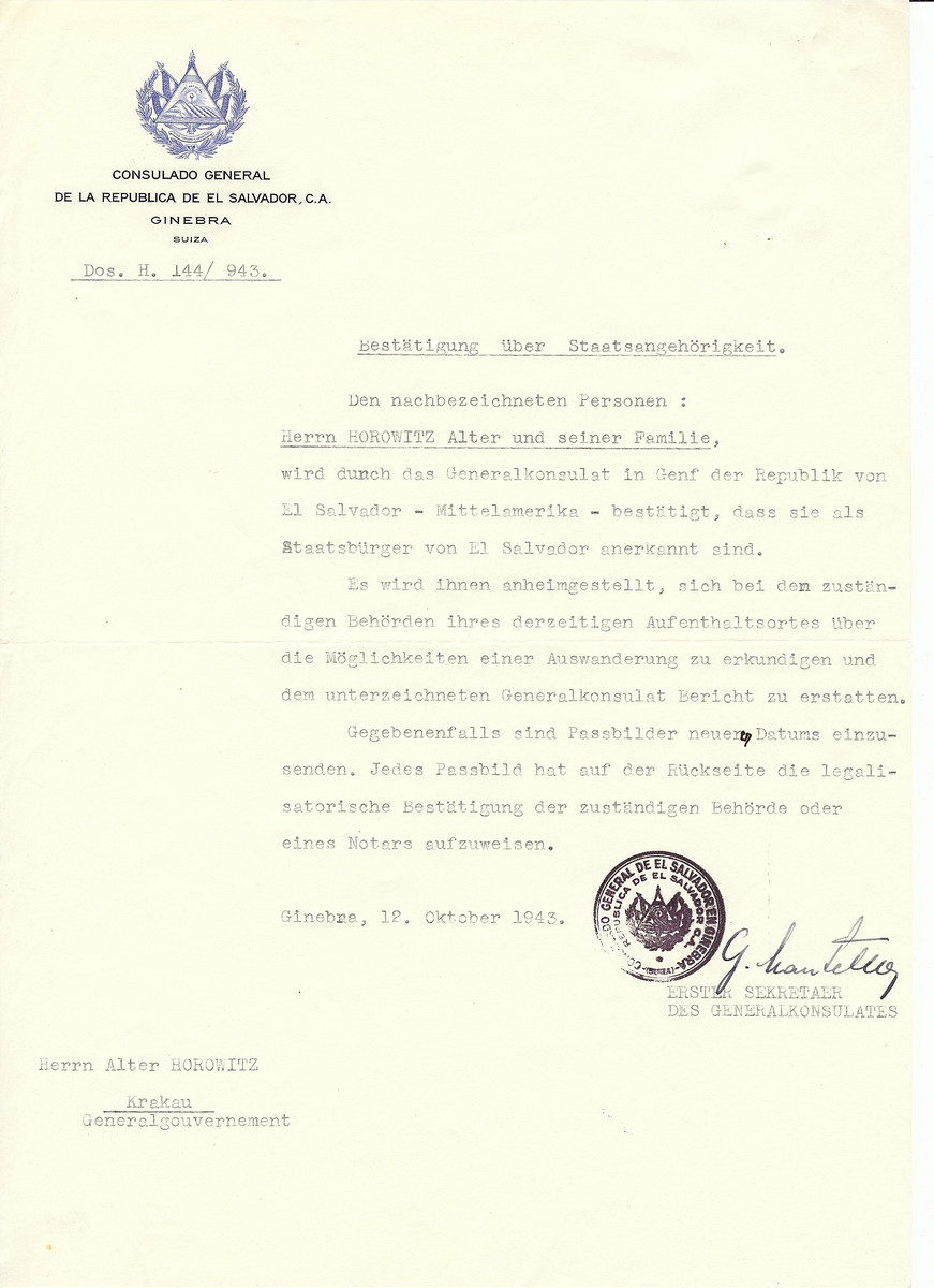 Unauthorized Salvadoran citizenship certificate issued to the family of Alter Horowitz by George Mandel-Mantello, First Secretary of the Salvadoran Consulate in Switzerland.