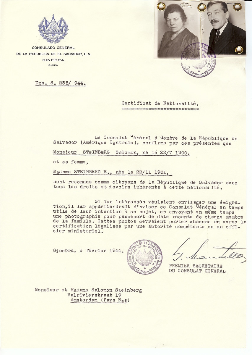 Unauthorized Salvadoran citizenship certificate issued to Salomon Steinberg (b. July 22, 1900) and his wife (b. November 22, 1901) by George Mandel-Mantello, First Secretary of the Salvadoran Consulate in Switzerland and sent to them at their residence in Amsterdam.