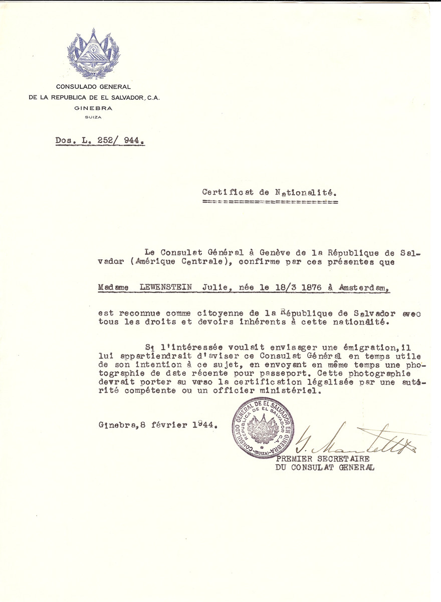 Unauthorized Salvadoran citizenship certificate issued to Julie Lewenstein (b. March 18, 1876 in Amsterdam) by George Mandel-Mantello, First Secretary of the Salvadoran Consulate in Switzerland.