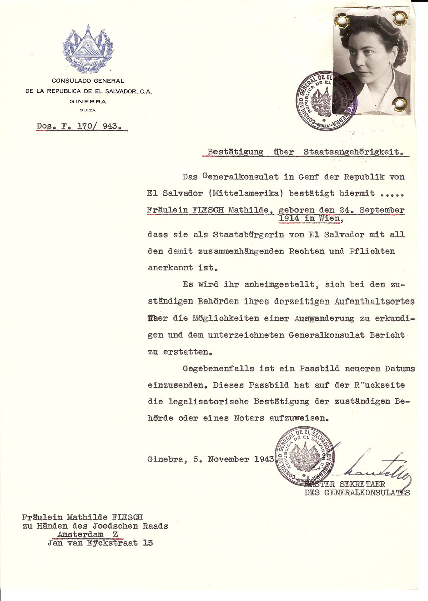 Unauthorized Salvadoran citizenship certificate issued to Mathilde Flesch (b. September 24, 1914 in Vienna) by George Mandel-Mantello, First Secretary of the Salvadoran Consulate in Switzerland and sent to her residence in Amsterdam.