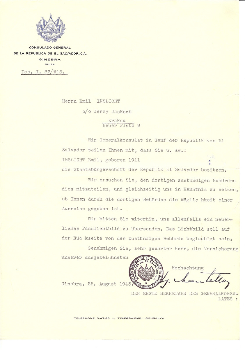 Unauthorized Salvadoran citizenship certificate issued to Emil Inslicht by George Mandel-Mantello, First Secretary of the Salvadoran Consulate in Switzerland and sent to him c/o Jerzy Jacksch in Krakow.