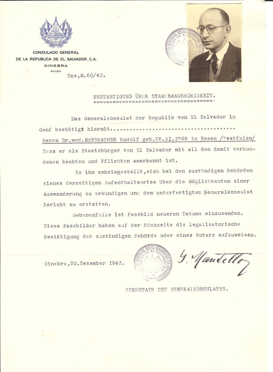Unauthorized Salvadoran citizenship certificate issued to Dr. Rudolf Mansbacher (b. November 26, 1899 in Essen) by George Mandel-Mantello, First Secretary of the Salvadoran Consulate in Switzerland.