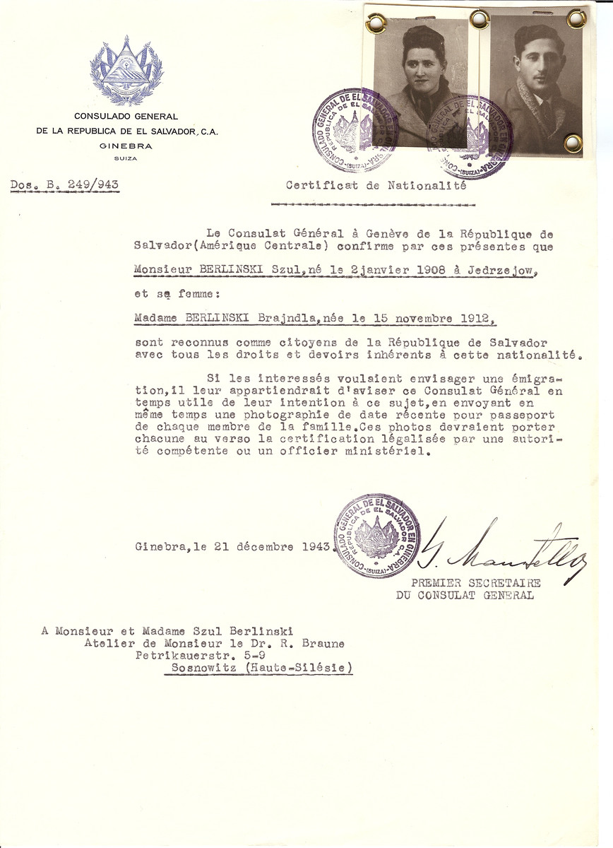 Unauthorized Salvadoran citizenship certificate issued to Szul Berlinski (b. January 2, 1908 in Jedrzejow) and his wife Brajndla Berlinksi (b. November 15, 1912) by George Mandel-Mantello, First Secretary of the Salvadoran Consulate in Switzerland and sent to their residence in Sosnowitz.