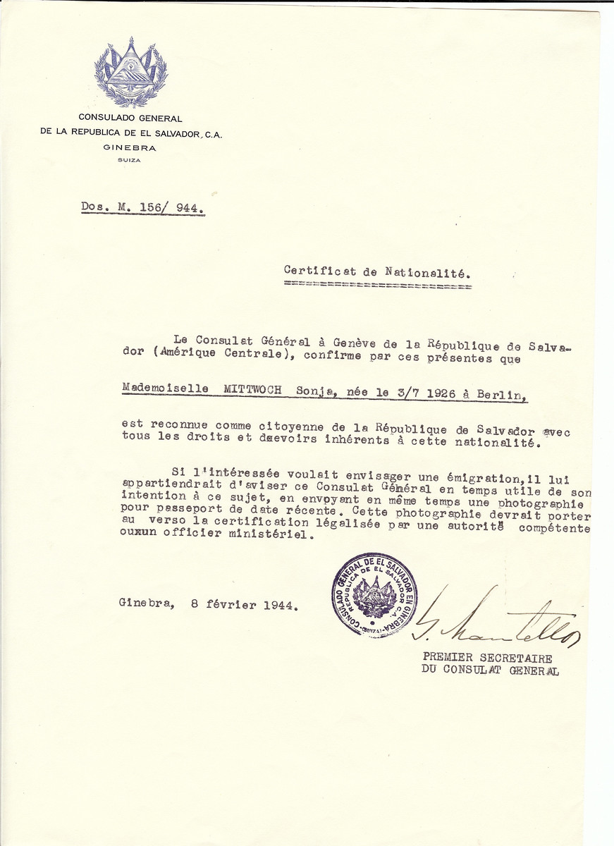 Unauthorized Salvadoran citizenship certificate issued to Sonja Mittwoch (b. July 3, 1926 in Berlin) by George Mandel-Mantello, First Secretary of the Salvadoran Consulate in Switzerland.
