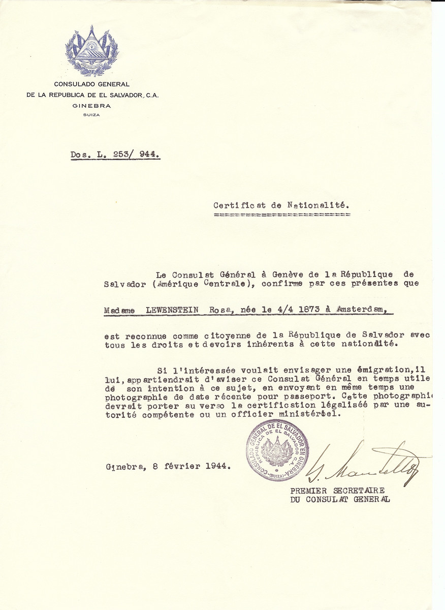 Unauthorized Salvadoran citizenship certificate issued to Rosa Lewenstein (b. April 4, 1873 in Amsterdam) by George Mandel-Mantello, First Secretary of the Salvadoran Consulate in Switzerland.