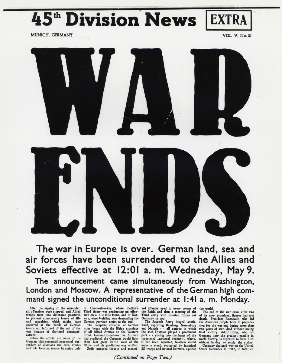 Headline of the U.S. Army 45th Division newsletter announcing the end of World War II.