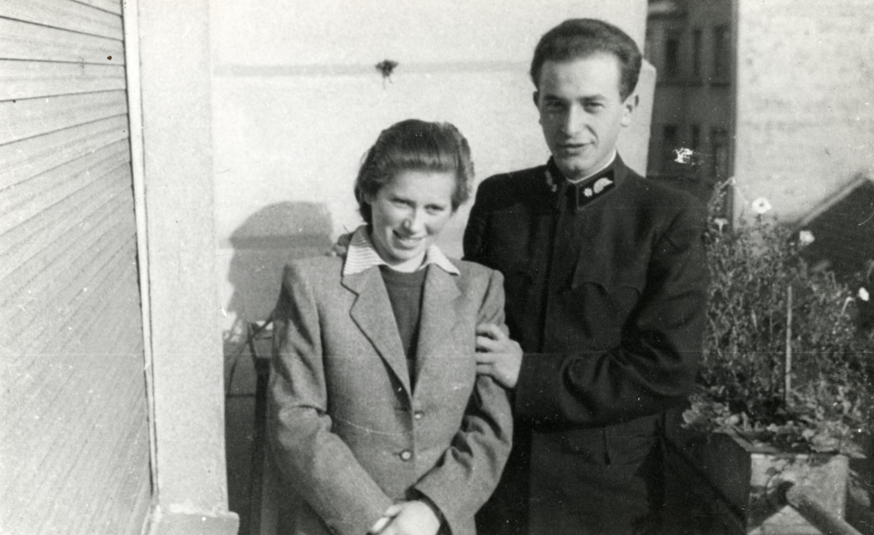 Portrait of Ephra Teichman and Tzippora Schaechter, two leaders of the Zionist resistance, rescue group in Hungary.

Ephraim Teichman is wearing the uniform of a train engineer (his wartime alias).  The photograph was taken either shortly before or shortly after the two wed.