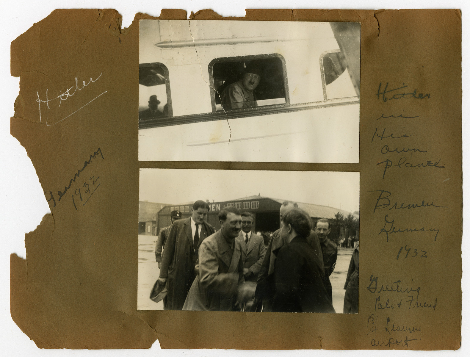 Album page with Adolf Hitler as he greets friends in Bremen, Germany airport, 1932

Original caption on album page reads, "Hitler. Germany 1932." Caption for top-most photo reads, "Hitler in his own plane." Caption for the bottom-most photo reads, "Bremen, Germany. 1932. Greeting pals & friends before leaving airport."