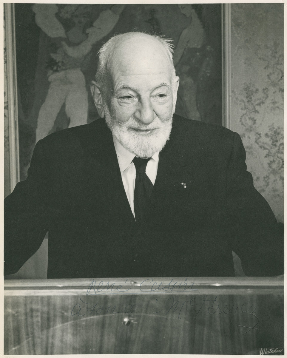 Nobel Peace Prize winner Rene Cassin stands at a podium at the Waldorf Astoria hotel in New York City at a luncheon hosted by Bnai Brith honoring him.   

This print, inscribed by Cassin to Benjamin Ferencz the donor, reads, 'Rene Cassin à son ami M. Ferencz' [Rene Cassin to my friend Mr. Ferencz].

Cassin was awarded the Nobel Peace Prize in 1968 for writing the Universal Declaration of Human Rights which was adopted by the United Nations.