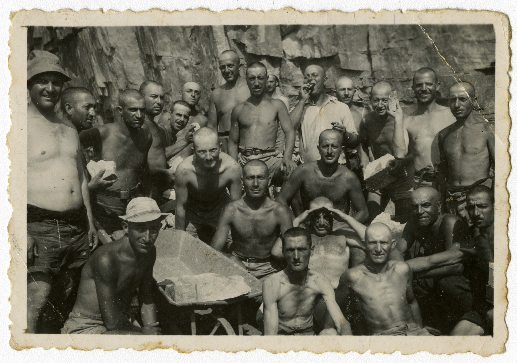 Group portrait of Bulgarian Jews in a forced labor brigade in Bov.

Isaac Varsano is standing on the left.