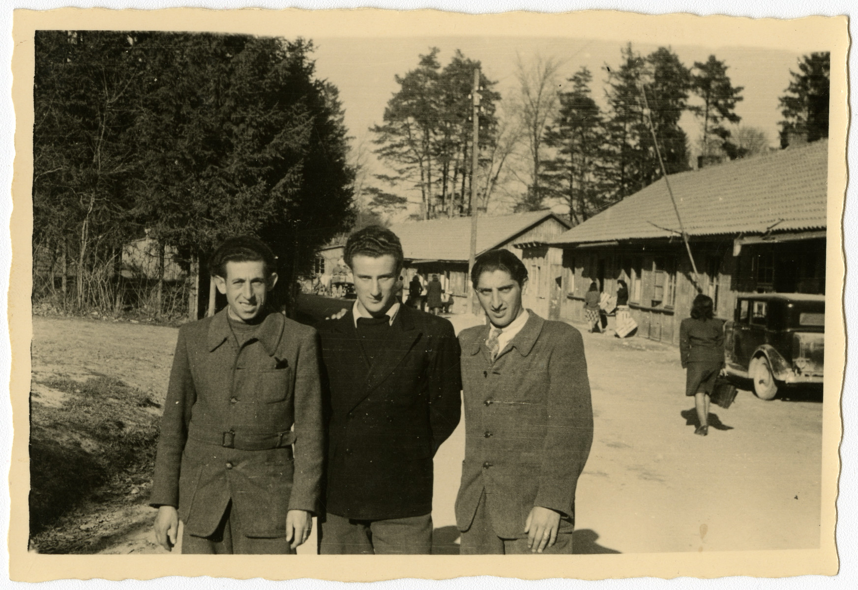 Portrait of three young men in the Feldafing displaced persons camp.

Pictured from left to right are Janek (Jack) Glucksman, Jaszke Aronowitz (Jack Arnel) and Chamek (Harry) Weinroth.