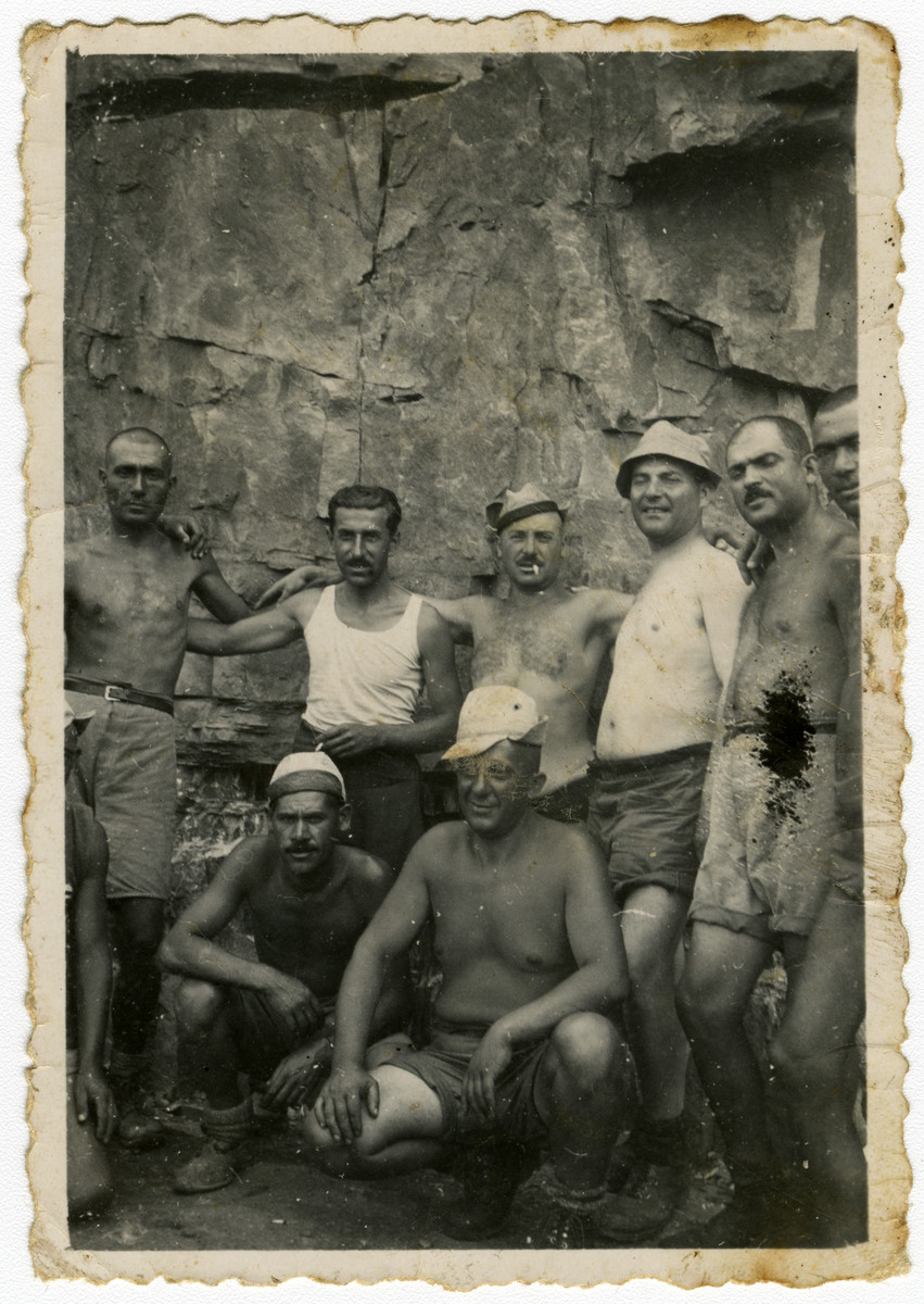 Group portrait of Bulgarian Jews in a forced labor brigade in Bov.

Isaac Varsano is sqautting on the right.