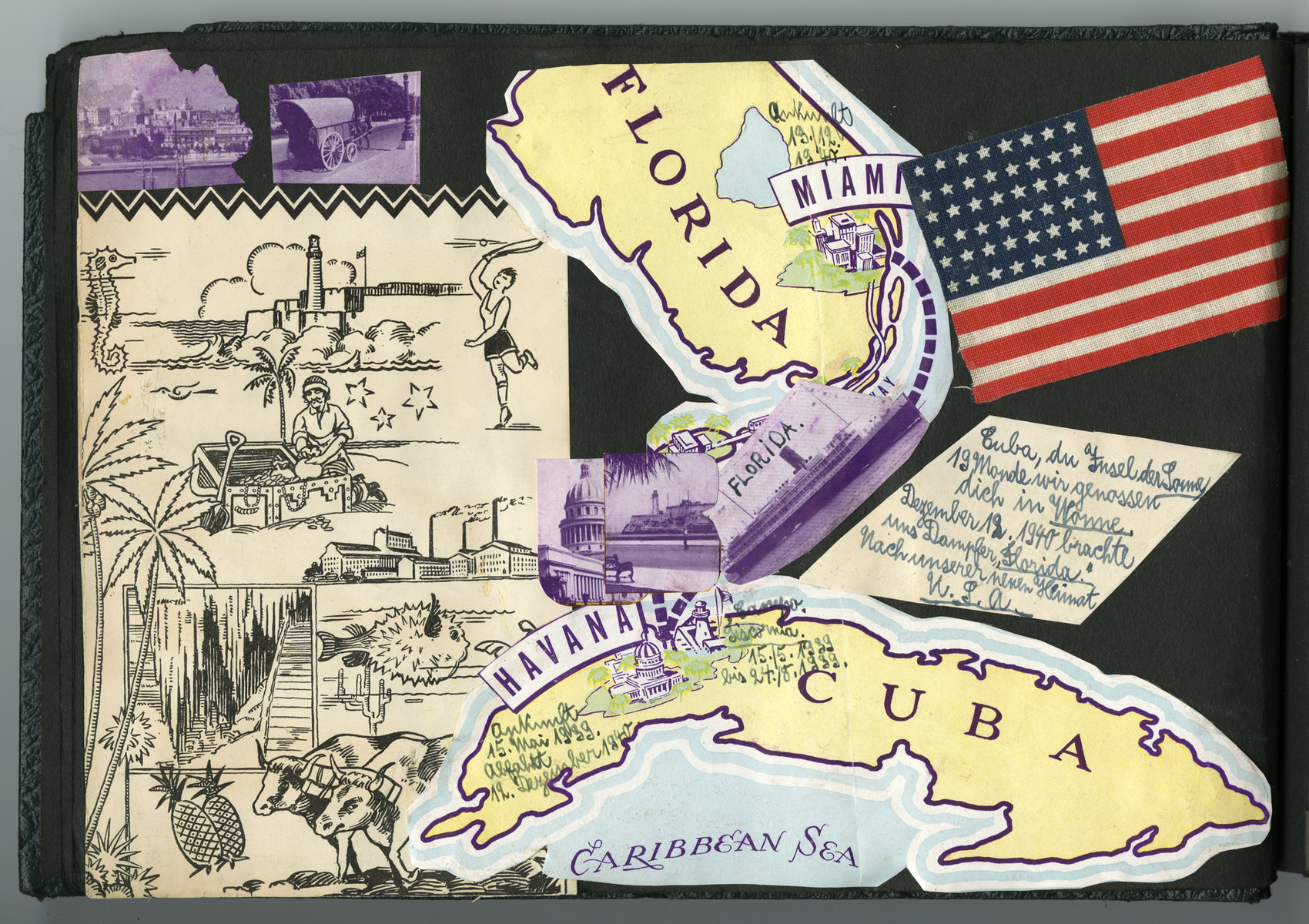 A page from a scrapbook with prictures of Cuba and Florida.