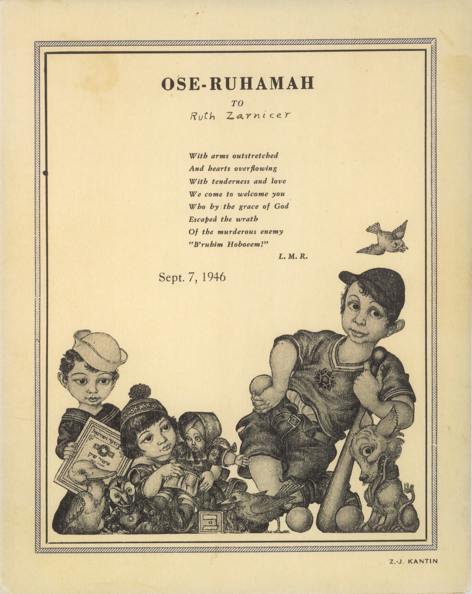 Pamphlet illustrated by Arthur Szyk welcoming the members of a Jewish children's transport who sailed to the United States on the SS Athos II in 1946.  The children had been cared for in OSE homes in France prior to their arrival in the U.S.

This copy of the pamphlet has the donor's name, Ruth Zarnicer, penciled in below the title.