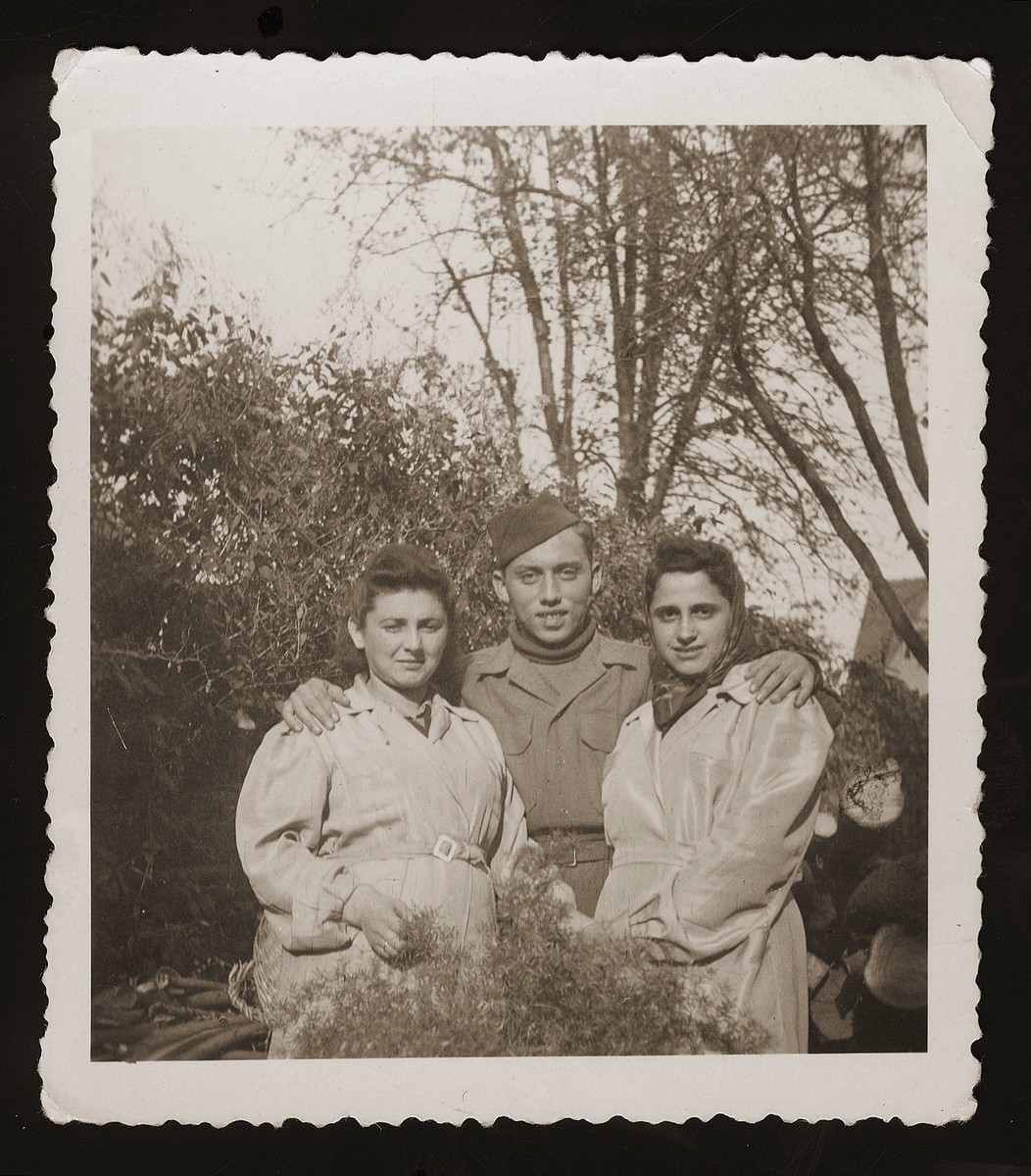 Three friends of the donor from Dabrowa pose in Zeilsheim DP camp.  From left: Hanka Wajntraub; Karol Chrzanowski and Edzia Obornik.