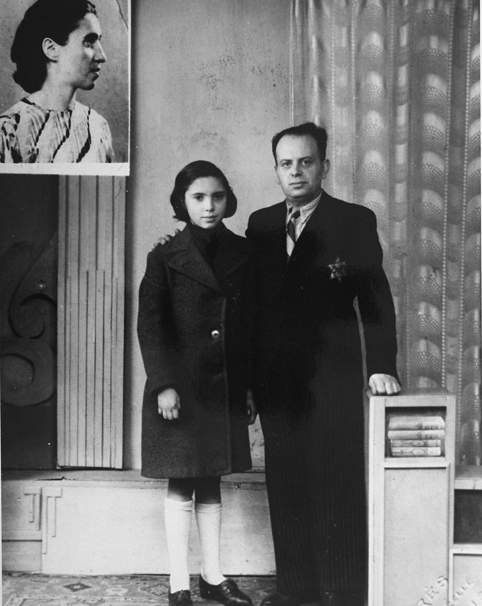 Portrait of twelve-year old Marcelle Burakowski and her father with a photograph of her mother that was incorporated into the upper left corner of the portrait.  

Marcelle is wearing a coat which her father, a tailor, had made and given to her that morning.  The photograph was taken during a brief visit together, as Marcelle was already in hiding with a Chrisitian family on the outskirts of Paris.  The photograph of her mother was incorporated into the portrait upon Marcelle's father's request.