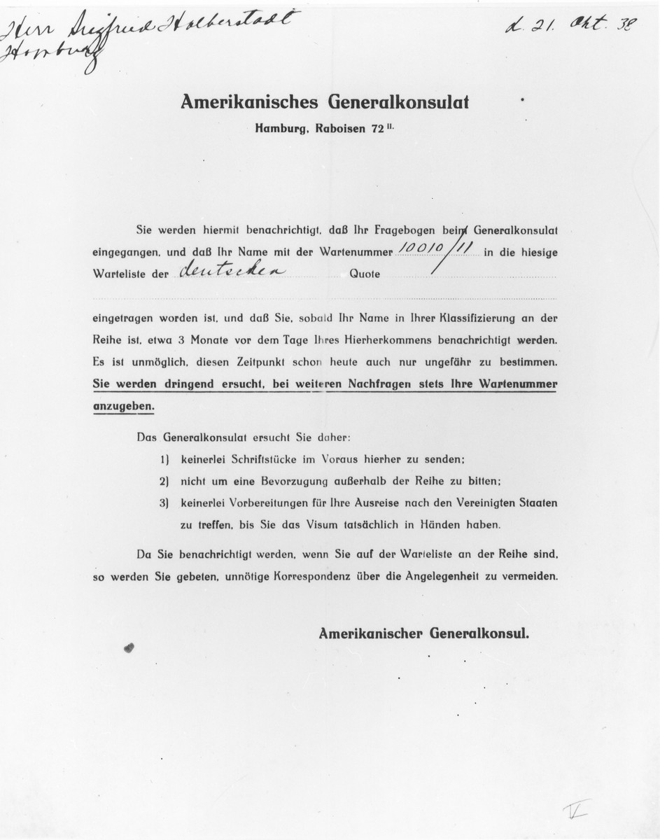 Document sent by the American consulate in Hamburg to Siegfried Halberstadt informing him of his number on the waiting list of Germans seeking visas to immigrate to the United States.