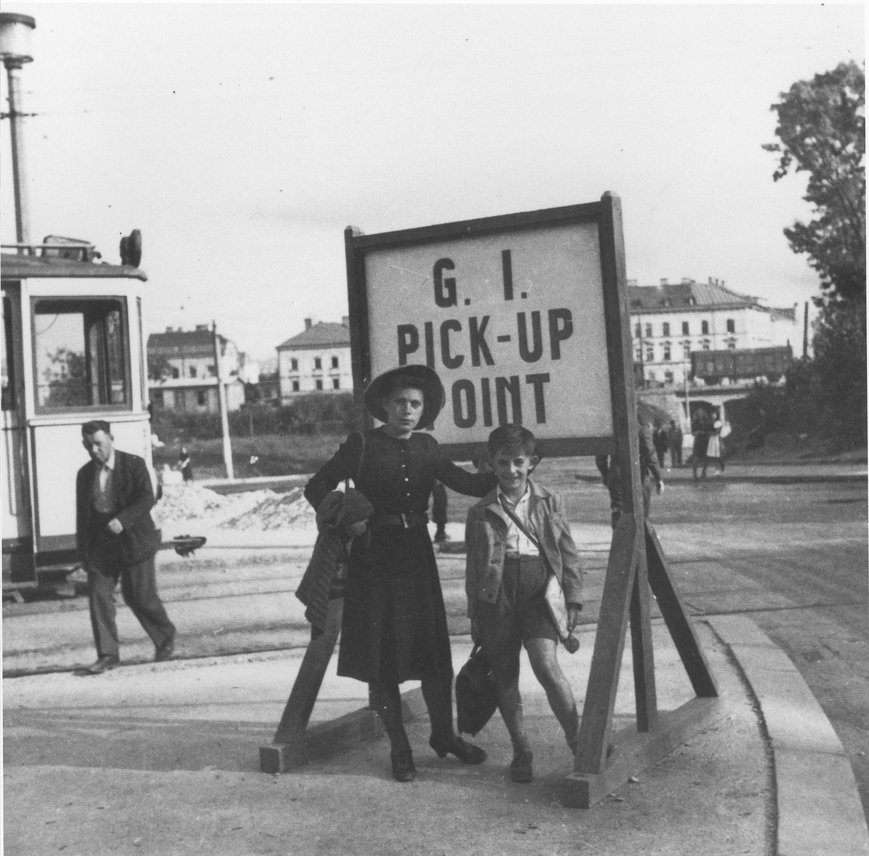 Friederike and Wolfgang Schaechter at a tram stop near the Enns displaced persons camp.

The location of the photogarph may be Linz, Austria, around 16 miles form Enns.