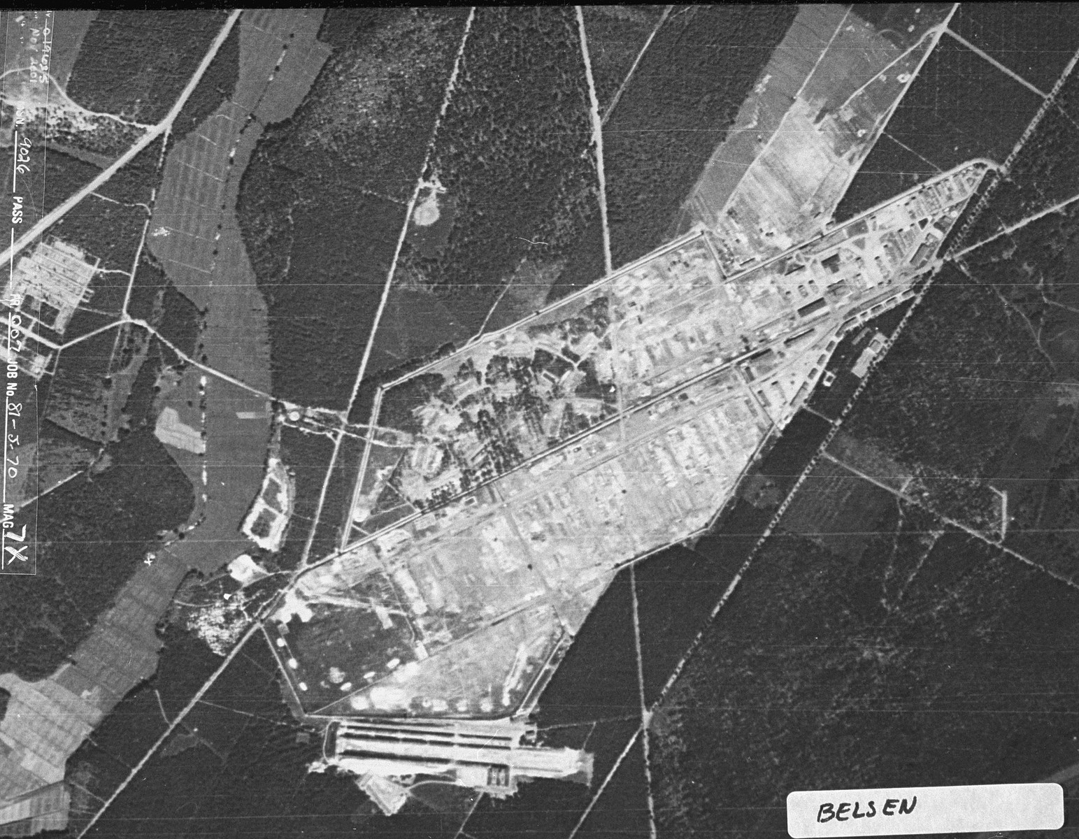 Aerial reconnaissance photograph of the Bergen-Belsen concentration camp area. [oversized photograph]