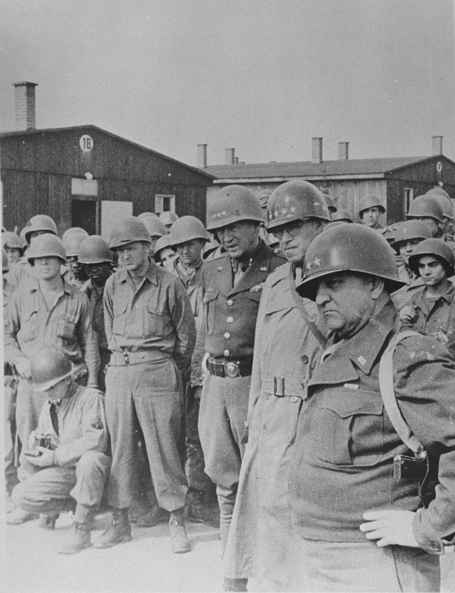 American generals tour the newly liberated Ohrdruf concentration camp.

Pictured from right to left are Generals Manton Eddy, Omar Bradley and George Patton.