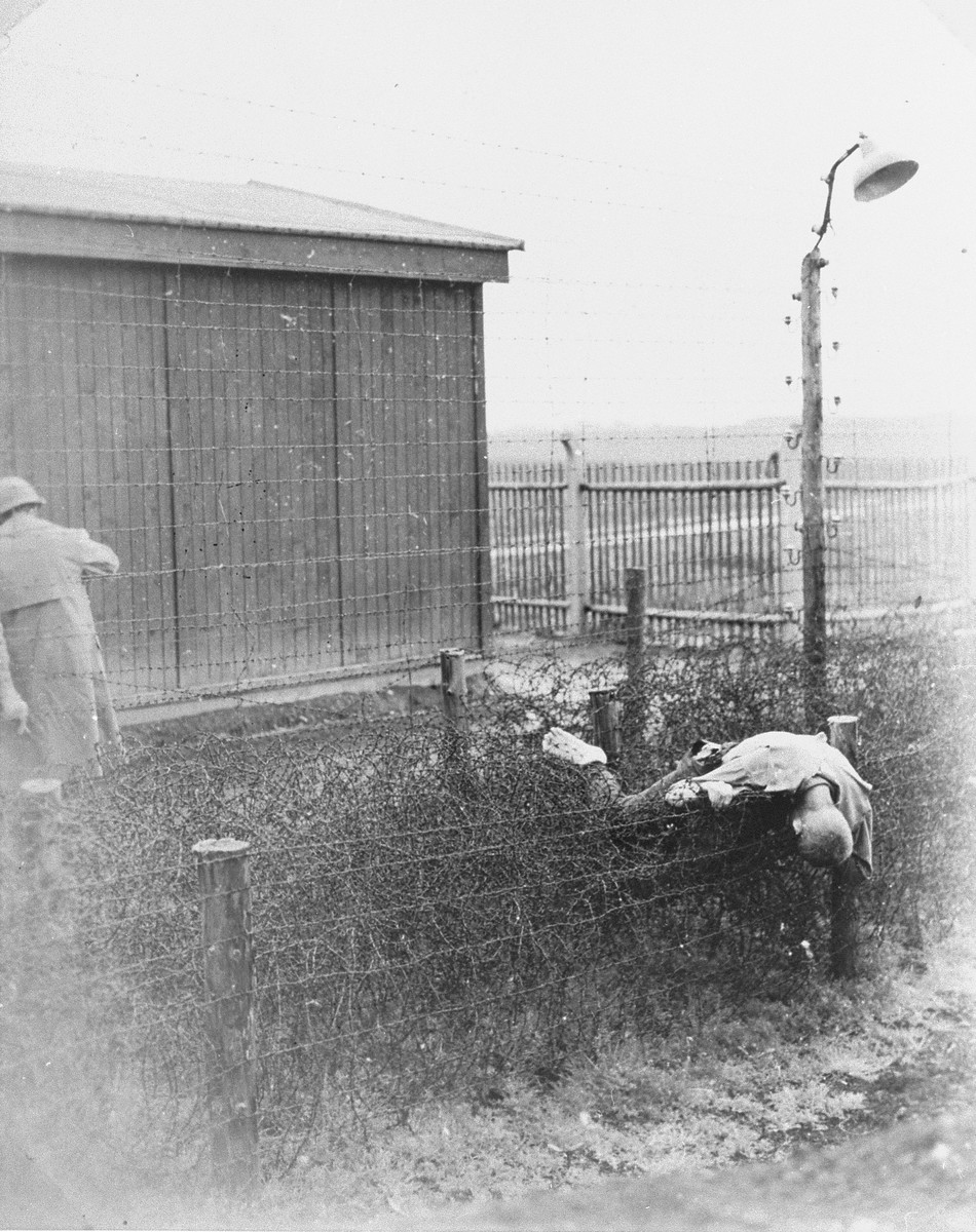 American soldiers stand near a corpse lying on the barbed wire fence in Leipzig-Thekla, a sub-camp of Buchenwald.