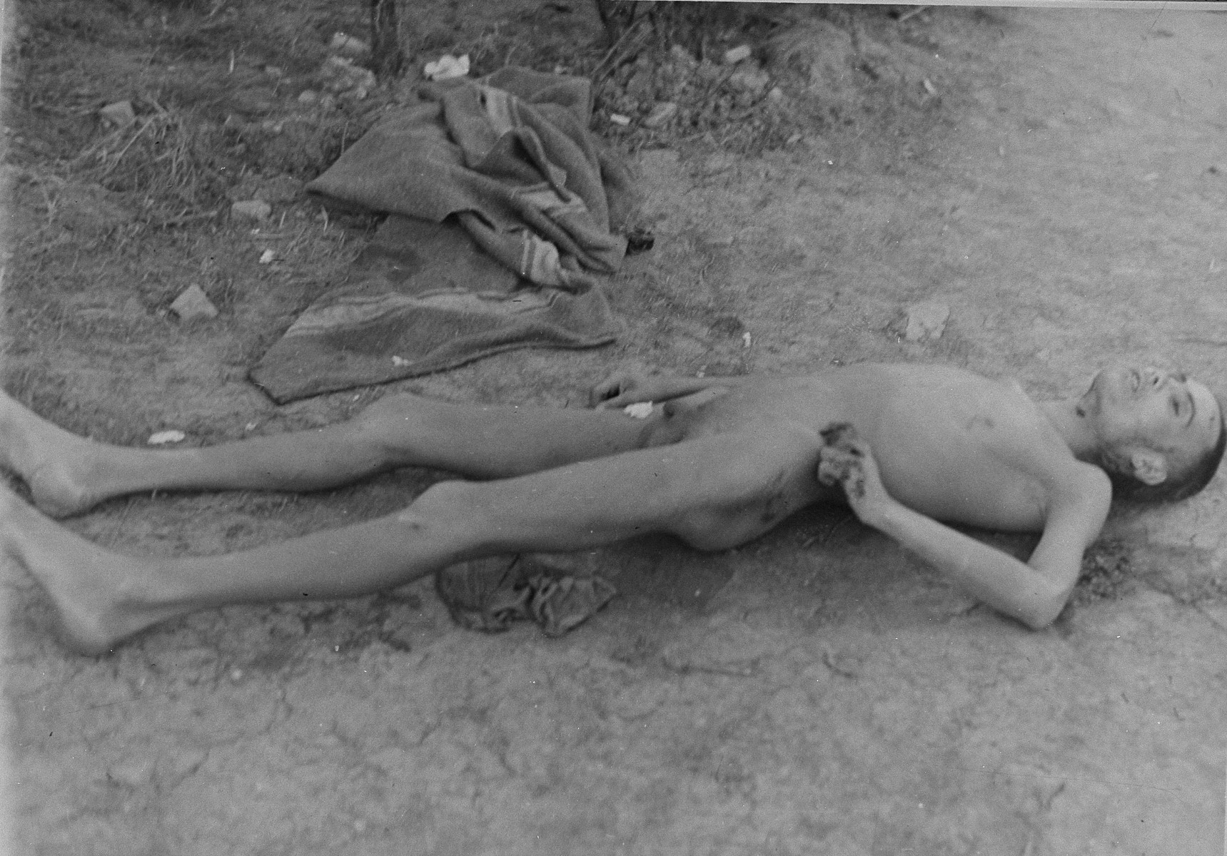The corpse of a dead prisoner in Ohrdruf.