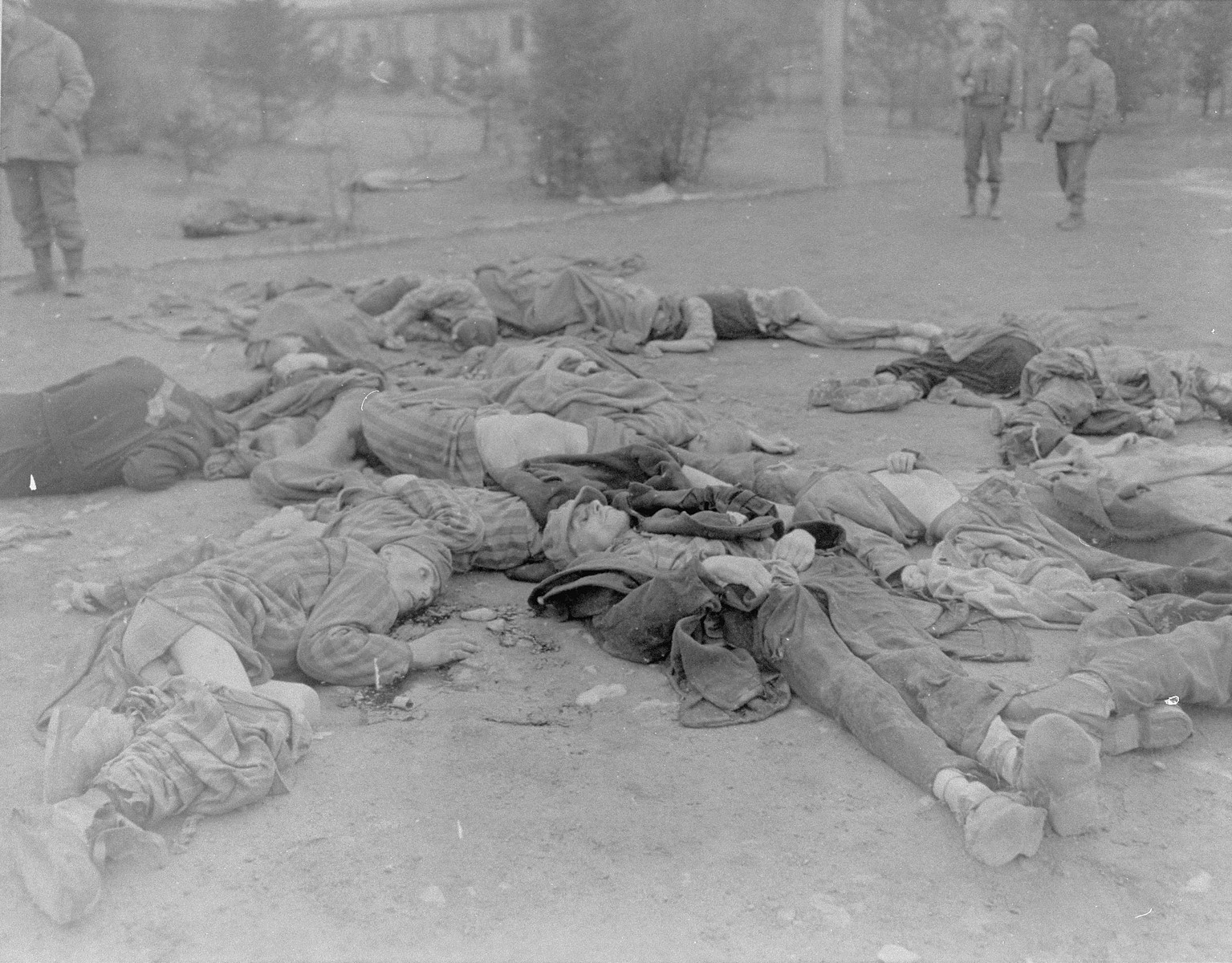 American soldiers approach the bodies of prisoners shot by the SS during the evacuation of the Ohrdruf concentration camp.