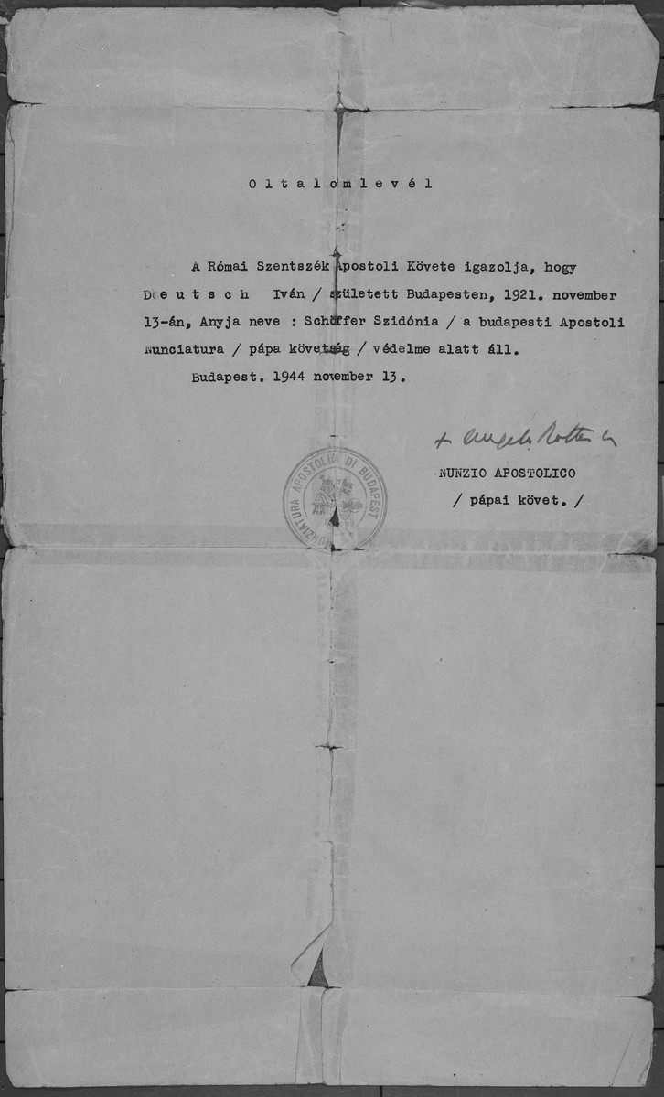 Protective pass issued to the Hungarian Jew, Ivan Deutsch, by the papal nuncio, Angelo Rotta, in Budapest.