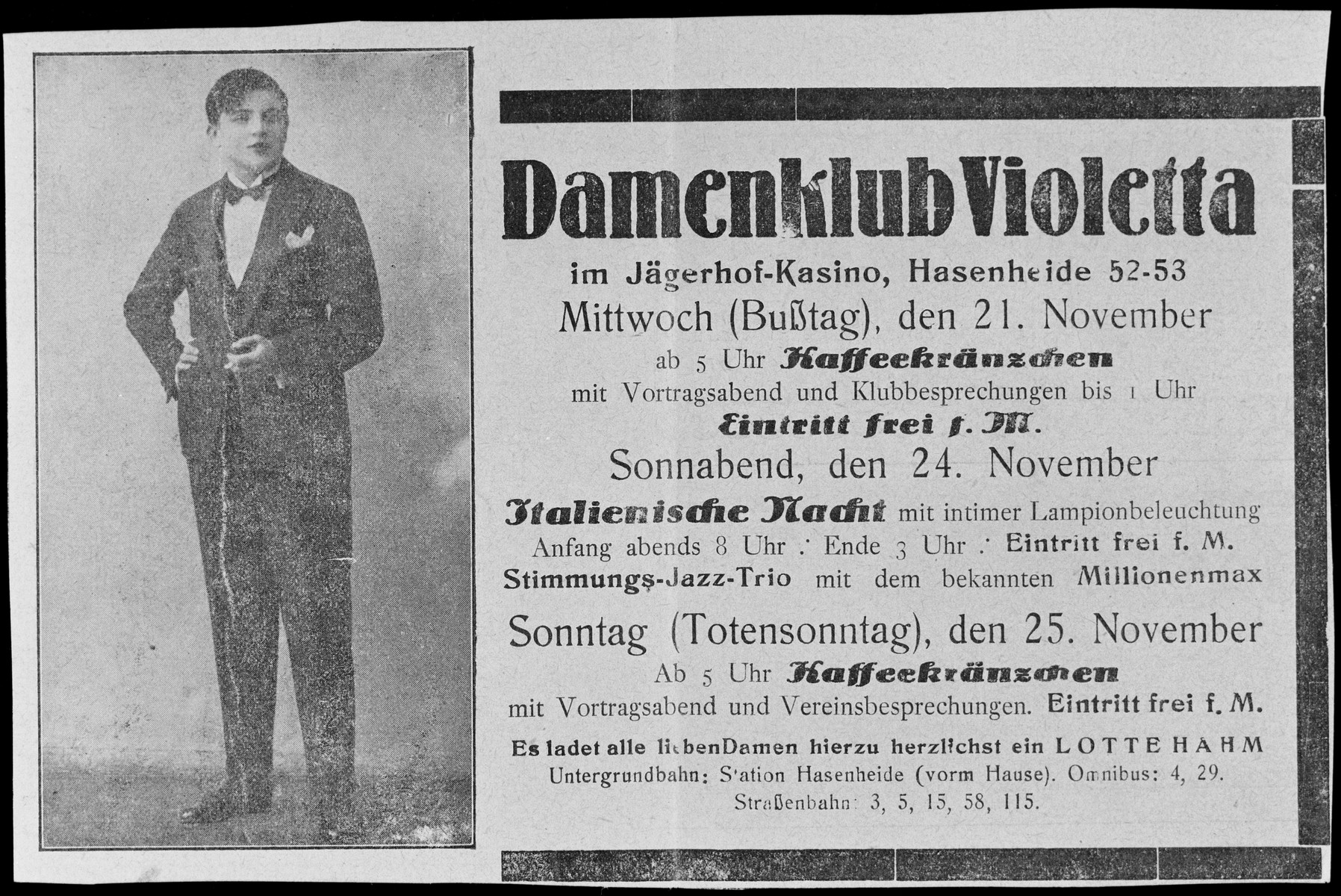 Advertisement for  the "Ladies Club Violetta," a club frequented by lesbians in Berlin's Kruezberg district.   (Newspaper clip, unknown origin, Magnus-Hirschfeld-Society, Berlin)