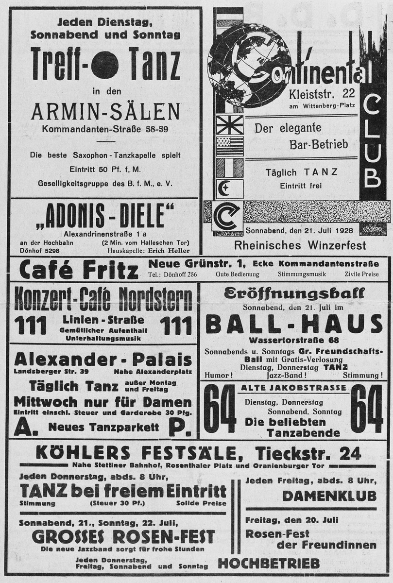 German newspaper advertisements for pubs, restaurants, and ball rooms for lesbians.  (Newspaper clip, unknown origin, Magnus-Hirschfeld-Society, Berlin)