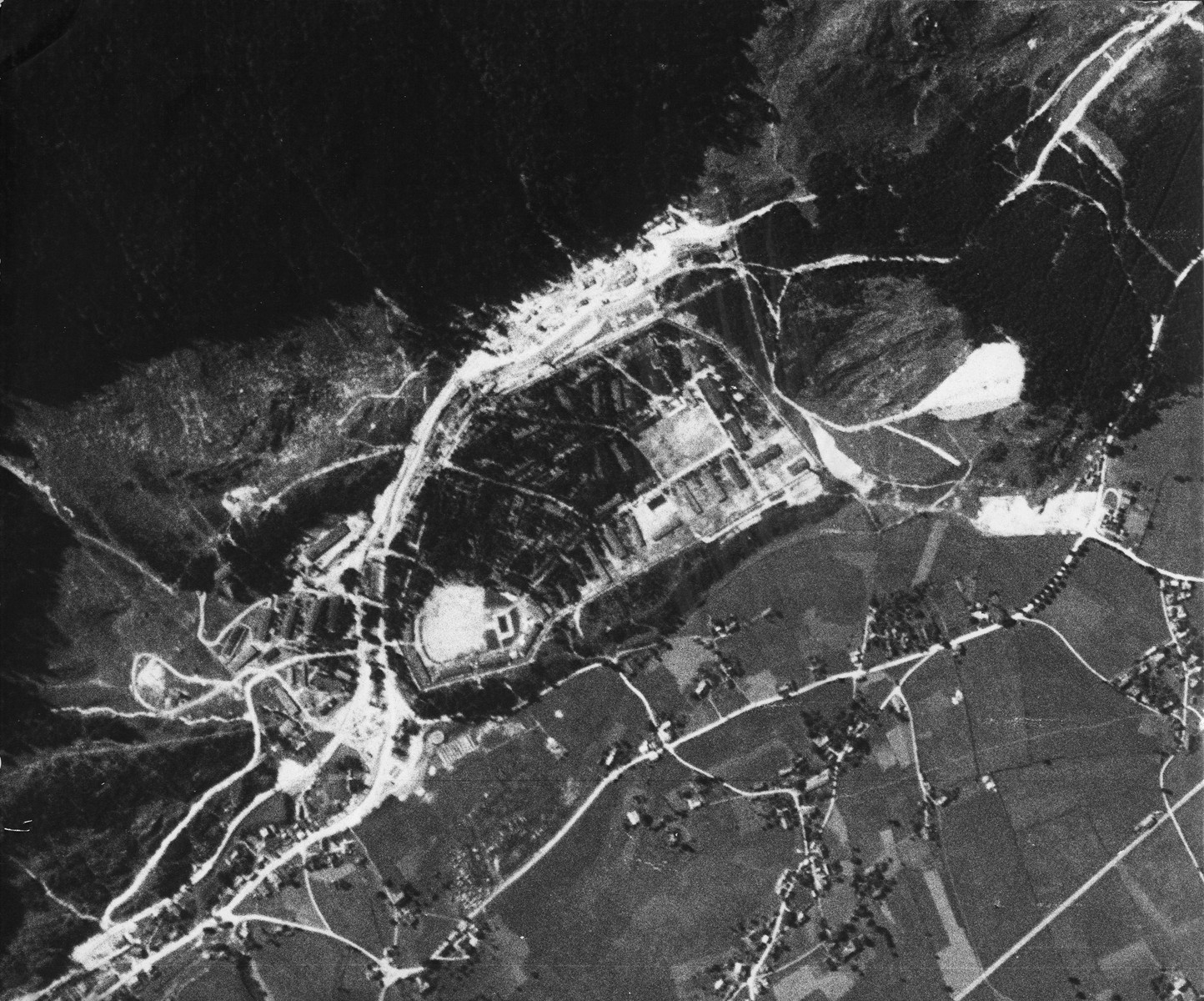 An aerial photo of the area around the Ebensee concentration camp. [oversized print]