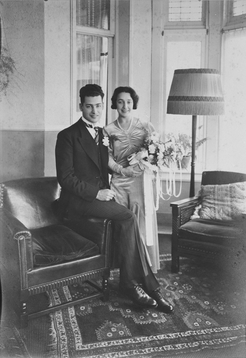 Marriage photograph of Robert Belinfante, the donor's brother,  with his Jewish wife.  

After the German invasion of the Netherlands in 1940, Bob and his wife tried to commit suicide.  Bob left a note, "Mother, don't grieve about us because we wouldn't have been happy in a world like that."  His wife was pregnant at that time. Bob died, his wife survived, but she lost the baby.  She died a year later while in hiding.