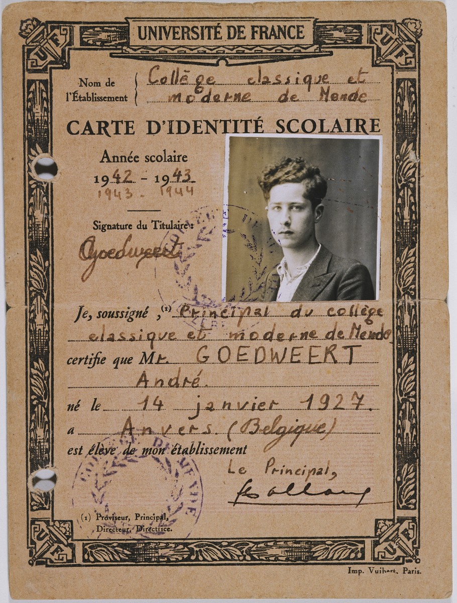 False student identification card issued in the name of Andre Goedweert that was used by Azriel Gutwirth while he was living in hiding.