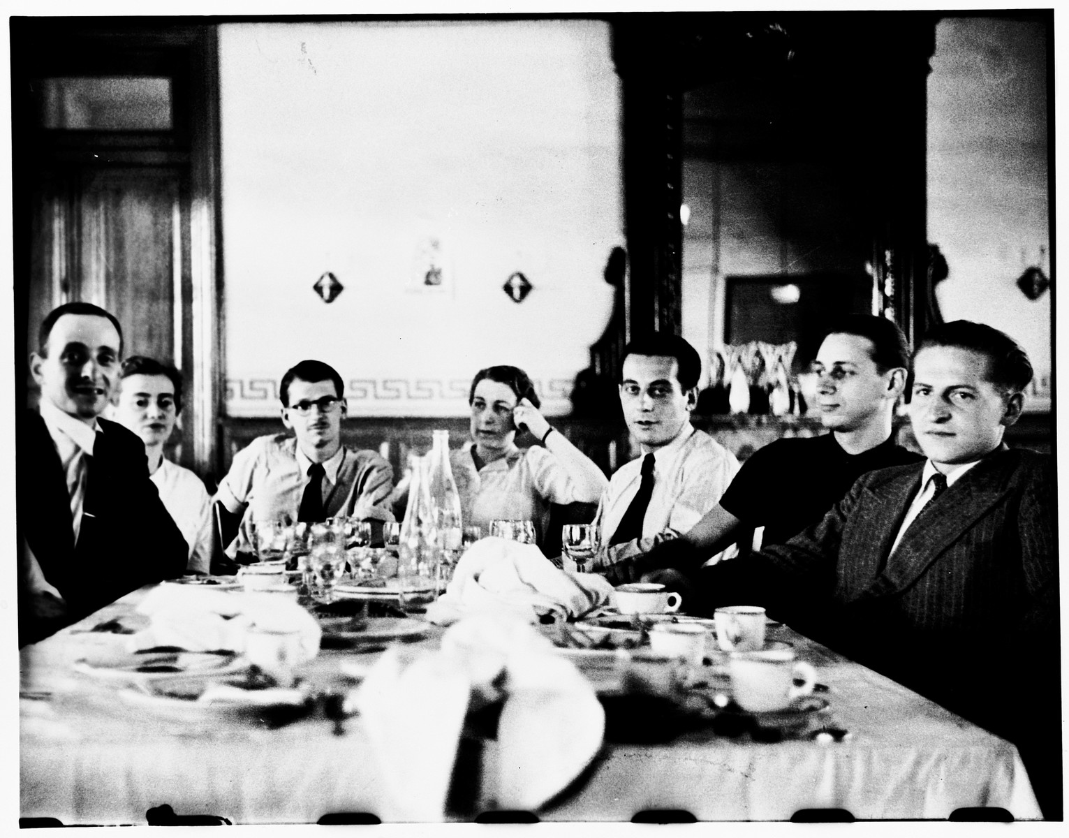 Members of the Centre Americain de Secours attend a farewell dinner at the Cerbere train station.

Seated from left to right are Jacques Weisslitz, Theodora Ungemacht Benedite, Daniel Benedite, Lucie Heymann, Louis Coppermann, Marcel Verzeanu, and Jean Gemahling.