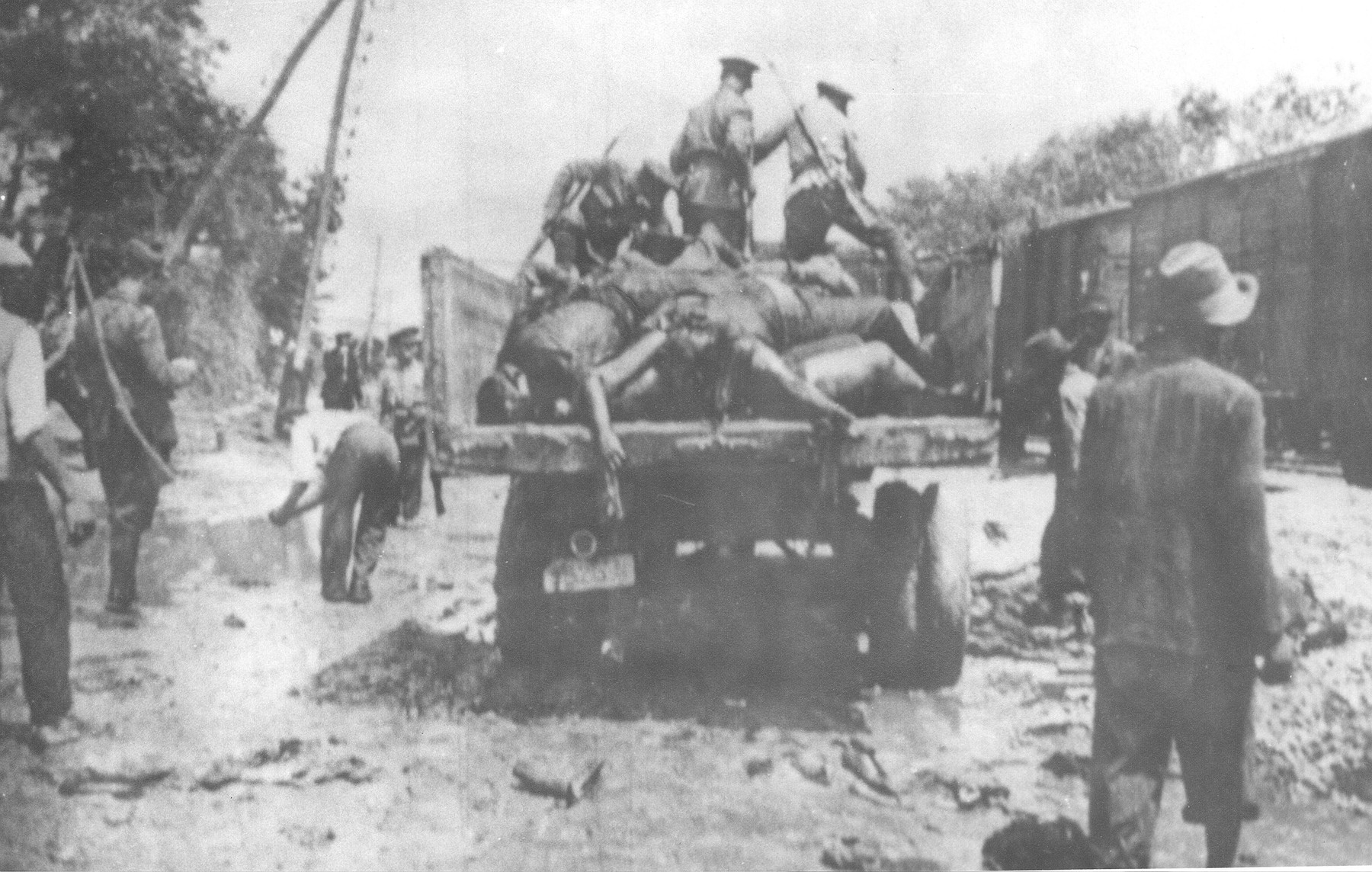 Under the supervision of Romanian guards, Romani men load the corpses of victims of the Iasi-Calarasi death onto trucks in Targu-Frumos.