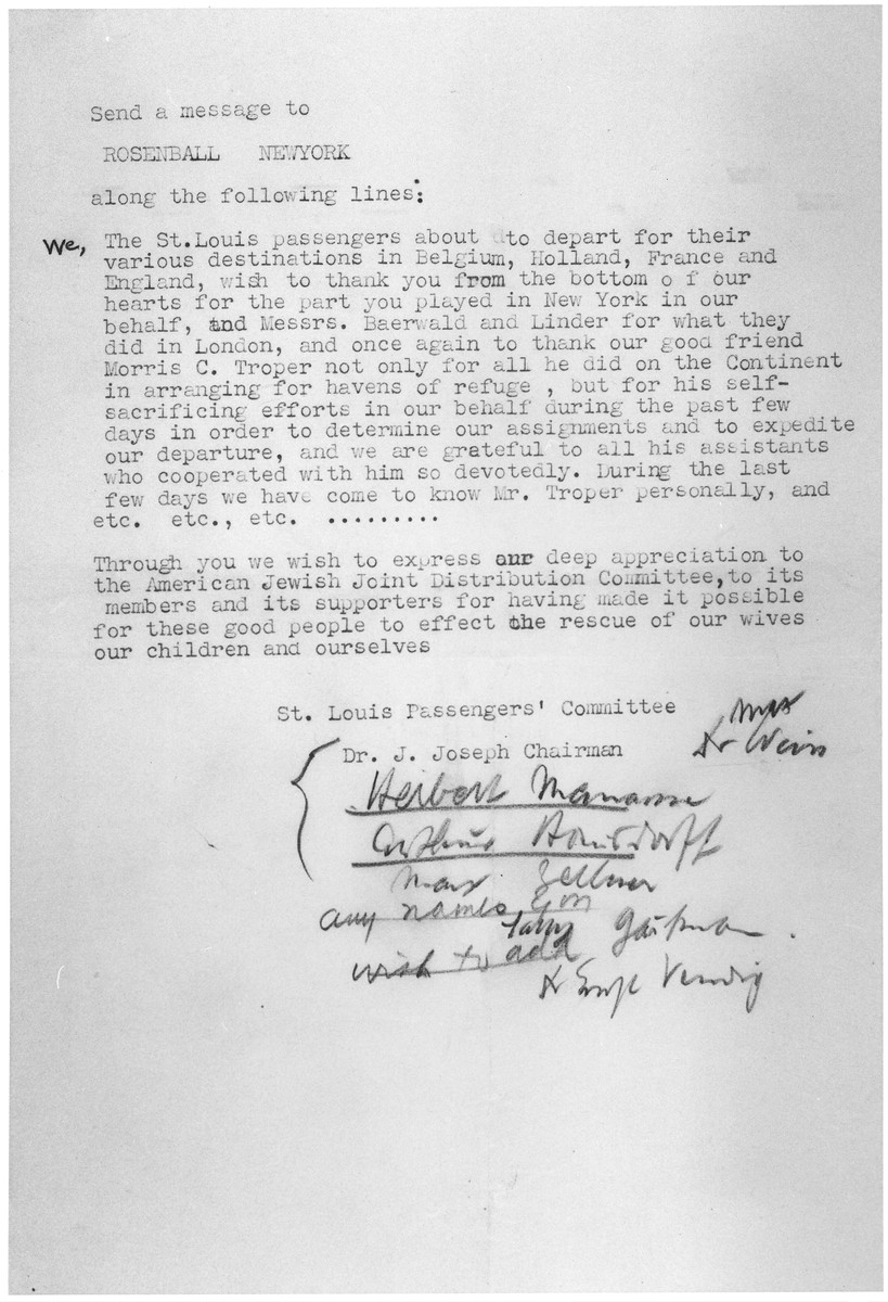 Typewritten English translation of a message sent by the members of the MS St. Louis Passenger Committee to the Joint Distribution Committee in New York, thanking them for their effort in finding places of refuge for the Jews on board the SS St. Louis.