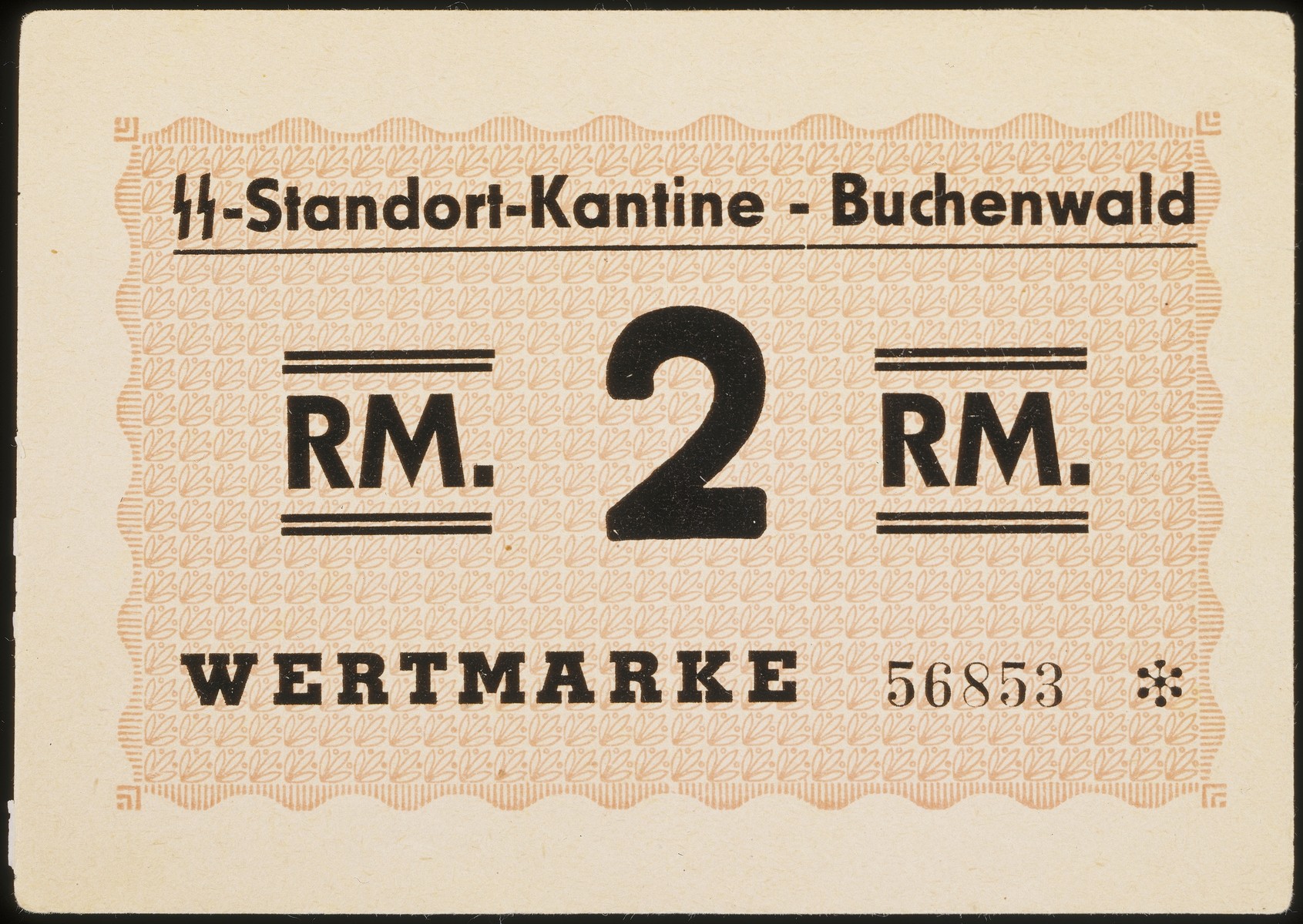 2 Reichs Mark note from the Buchenwald concentration camp.

Printed on the front of the bill is: "SS-Standort-Kantine-Buchenwald; RM 2 RM/ Wertmarke 56853 [SS Standort Cantine; 2 Reichs Marks; standard value, serial number 56853].