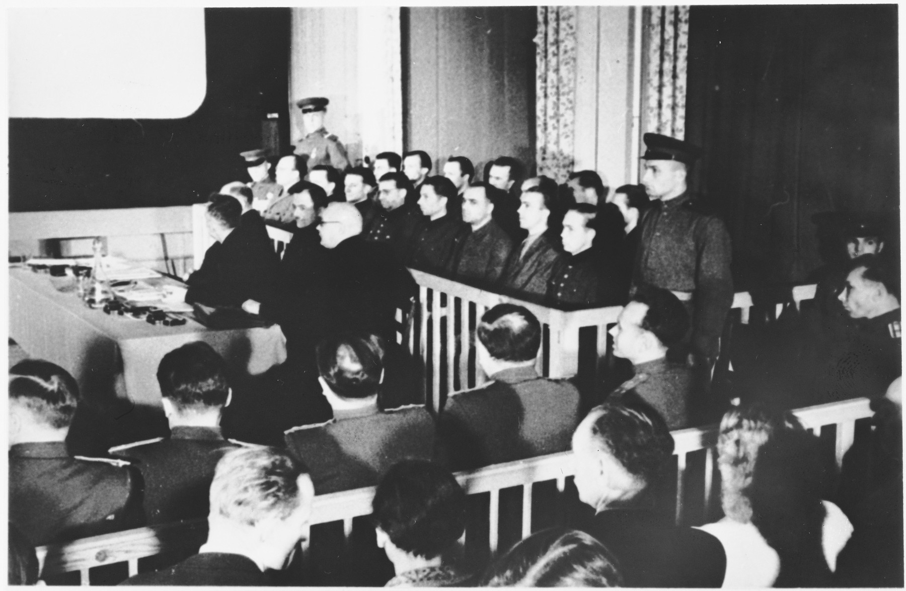 The defendants and their lawyers at the Sachsenhausen concentration camp war crimes trial in Berlin.