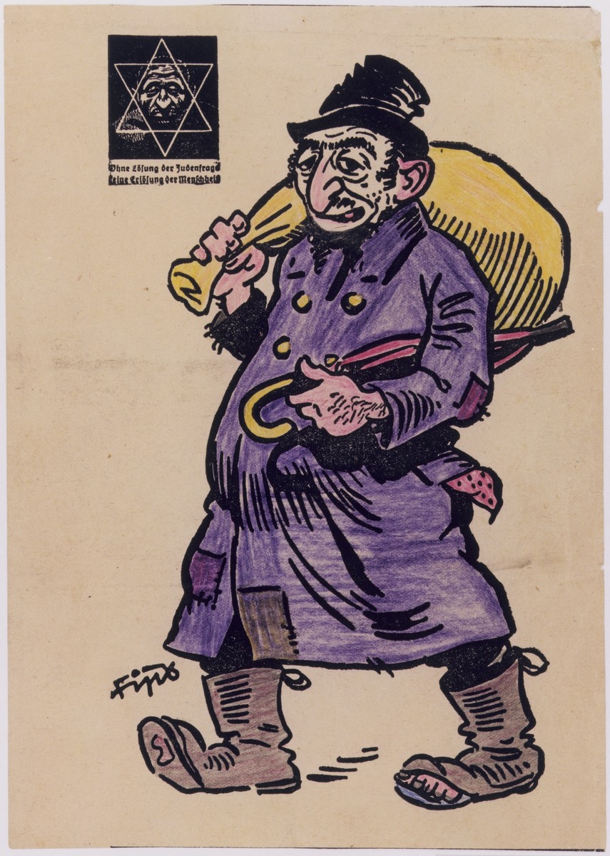 One page of an anti-Semitic coloring book with a portrait of a Jew drawn by the German caricaturist known as Fips.

The caricature has been colored in. The caption at the bottom of the page reads: "Do you know him?"  In the upper left hand corner is the Der Stürmer logo featuring a Star of David superimposed over a caricature of a Jewish face.  The caption under the star reads:  "Without a solution to the Jewish question, there will be no salvation for mankind."